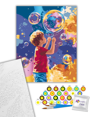 Картина за номерами Хлопчик з мильними бульбашками "Яскраві бульбашки" з металізованими фарбами 10449-AC 40х50 см @